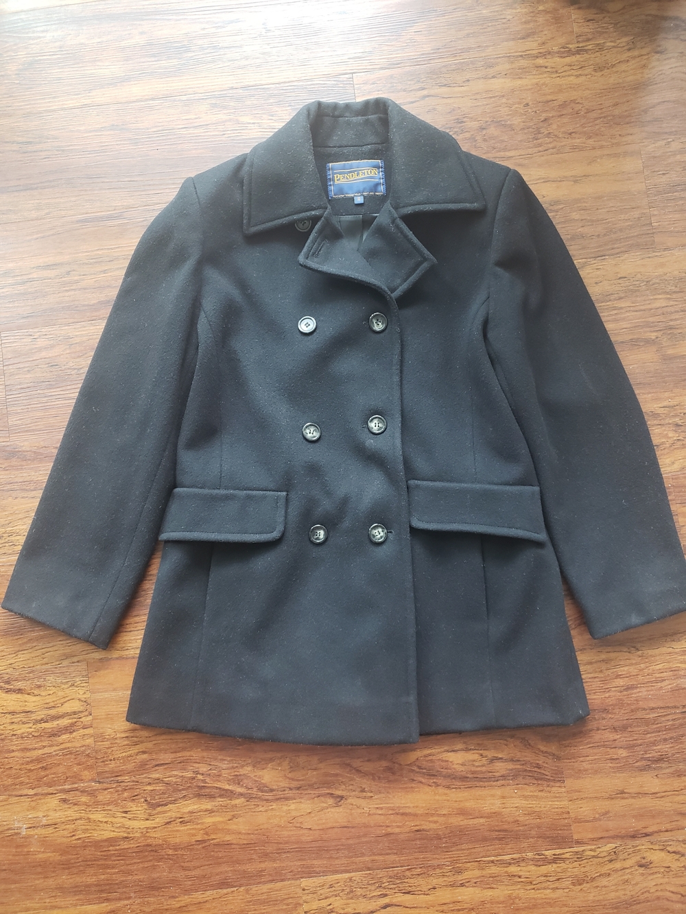 Pendleton Women's Black Double Breasted 100% Wool Pea Coat Size 10